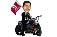 Карикатура человека на мотоцикле на цветном фоне
