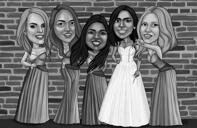Карикатура подружек невесты в черно-белом стиле с фотографии для подарка