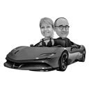 Couple en caricature de voiture dessiné à la main dans un style numérique noir et blanc