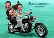 Couple voyageant en moto caricature colorée avec fond personnalisé