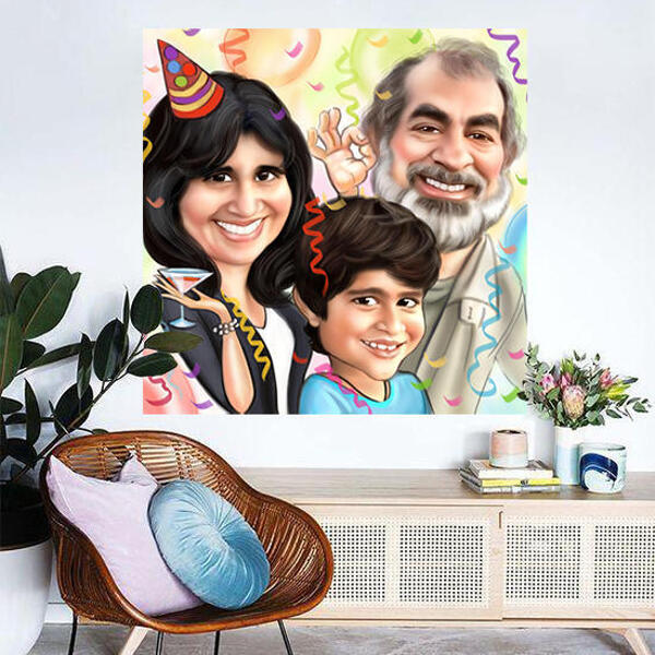 Цветная карикатура семьи напечатанная на холсте для подарка