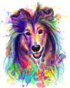 Kinderfreundliches Collie-Hundekarikaturporträt im Aquarellstil mit Spritzerhintergrund