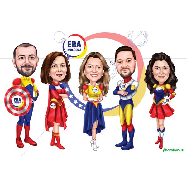 Caricatura de super-herói com logotipo