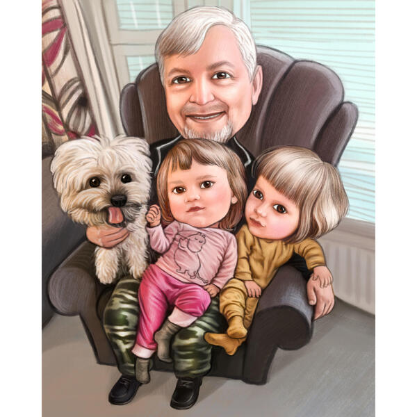 Caricatura de abuelo con niños y mascota.