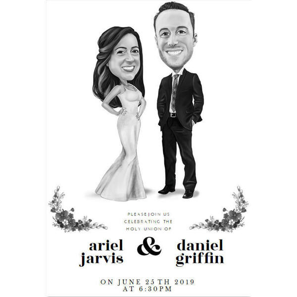 Kundenspezifische Ganzkörper-Paar-Hochzeits-Einladungs-Karikatur im Schwarzweiss-Stil