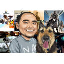 Карикатура хозяина с собакой на цветном фоне