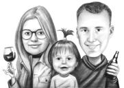 Family Caricature from Photos in Black and White Style