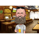 Henkilö, jolla on olut sarjakuva karikatyyri värillisessä tyylissä pubin taustalla valokuvasta