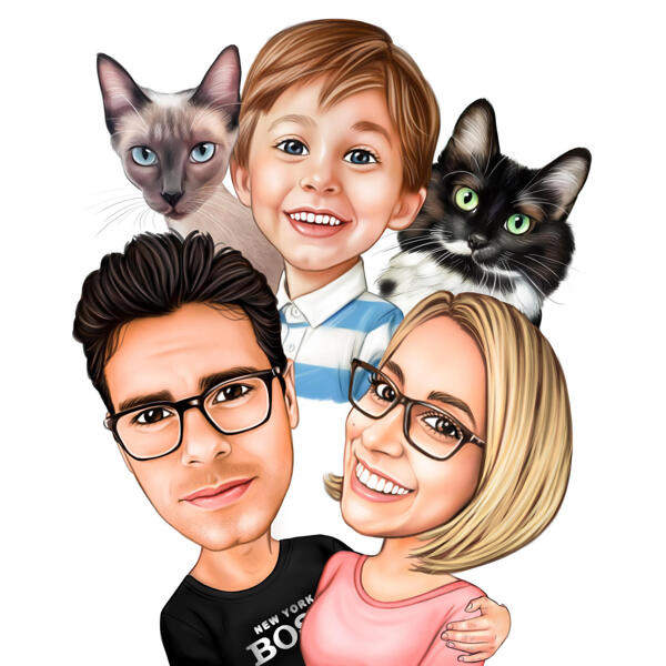 Tecknad familjeporträtt med husdjur