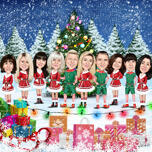 Ganzkörper-Karikatur von Weihnachtsmann und Elfen – Weihnachtsgeschenk