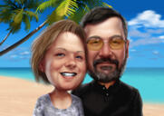 Caricatura divertida de pareja de vacaciones en el fondo de Seabeach de fotos