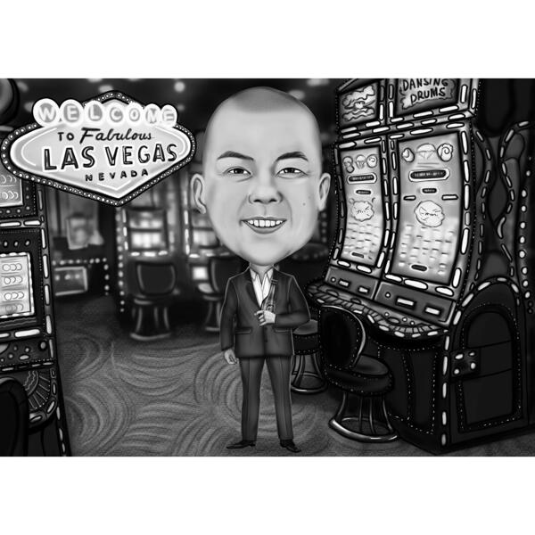 Personkarikatur i kasino fra foto: sort / hvid stil