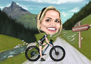 Kvinde på cykelfarvet karikatur fra fotos