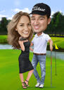 Caricature de couple complet jouant au golf