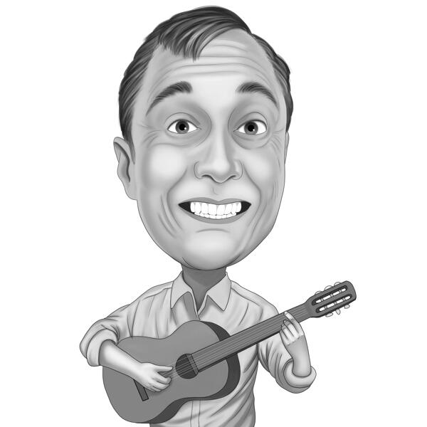 Must-valge stiilis kitarrimängija karikatuur kohandatud muusikasõbrale kingituseks
