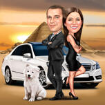 Couple complet du corps avec caricature d'animal de compagnie et de voiture avec fond personnalisé