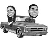 Paar in auto karikatuur Hand getekend in zwart-wit digitale stijl