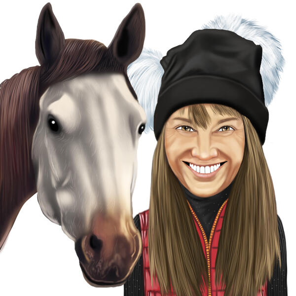 Caricatura de persona y caballo en estilo coloreado de fotos