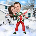 Caricature d'hiver de couple dans un style de couleur avec un arrière-plan personnalisé