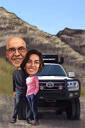Couple Caricature in Sport Utility Vehicle with Custom Background