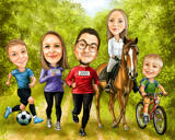 Family with Pets Caricature on Nature Background