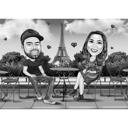 Full Body paar karikatuur met romantische Parijs achtergrond in zwart-wit stijl