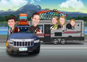 Groep cartoon karikatuur reizen met de bus met aangepaste achtergrond