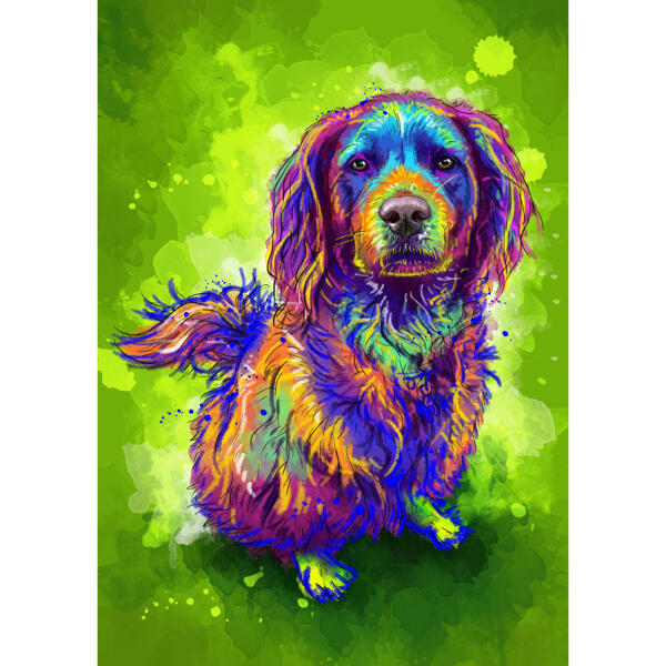 Portret de caricatură de câine cu corp întreg în stil acuarelă pe fundal verde