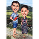Çift Şarap Severler Karikatür Karikatür Portre Renkli Stilde
