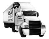 Vrachtwagenchauffeur met karikatuur van containervrachtwagen van foto's Handgetekend in zwart-witstijl