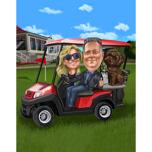 pareja con mascota en carrito de golf