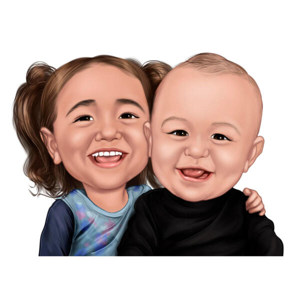 Baby pojke och flicka tecknade porträtt i färg stil från foton