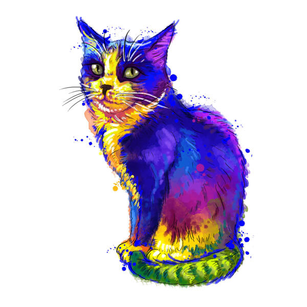 Ritratto di caricatura di gatto da foto in stile acquerello bluastro
