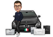 Persoon in Mercedes-auto als gekleurd karikatuurgeschenk met aangepaste achtergrond van foto's