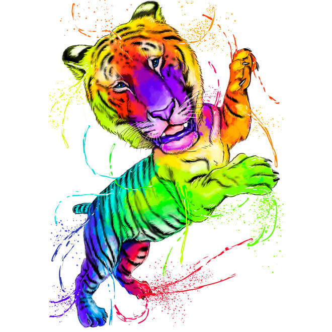 Яркий акварельный мультяшный портрет тигра в стиле радуги в полный рост