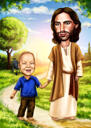 Father with Kid Full Body Cartoon Portrait with Custom Background