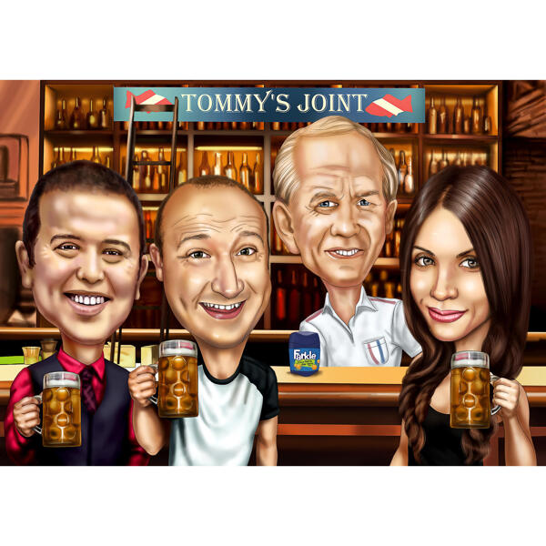 Caricatura en color de un grupo en un bar