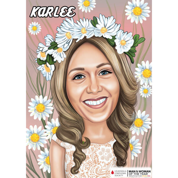 Portret de desene animate de femeie frumoasă în stil color cu fundal de flori din fotografie