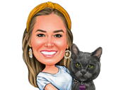 Ejer med sort kat karikaturportræt fra foto