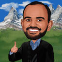Head and Shoulders Person Caricature Portrait in Color Style with Mountain Background