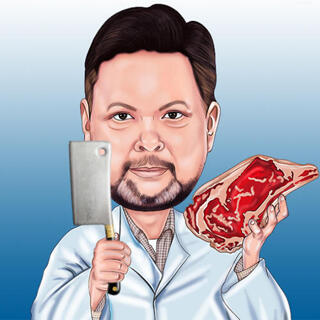 Butcher with Knife and Steak Cartoon from Photo on One Color Background