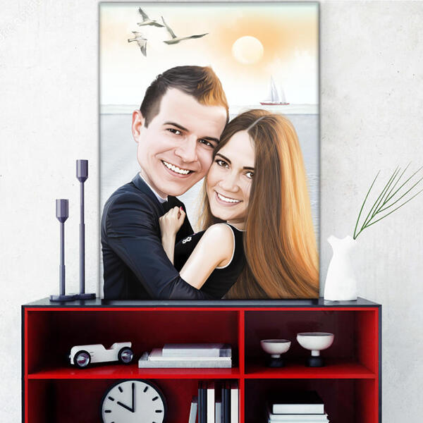 Caricature de toile de couple étreignant dans un style de couleur comme cadeau de la Saint-Valentin