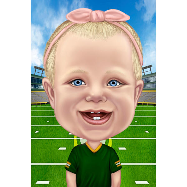 Baby Cartoon Caricature Drawing in Custom Jersey with Green Field Background