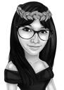 Kvinnakarikaturritning från foto i svartvit stil för en gåva