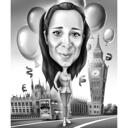 Naine Londonis karikatuurjoonistus