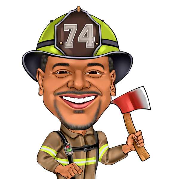 Caricature exagérée de pompier brandissant une hache