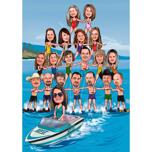 Pyramid Of Water Skiers Group Caricature