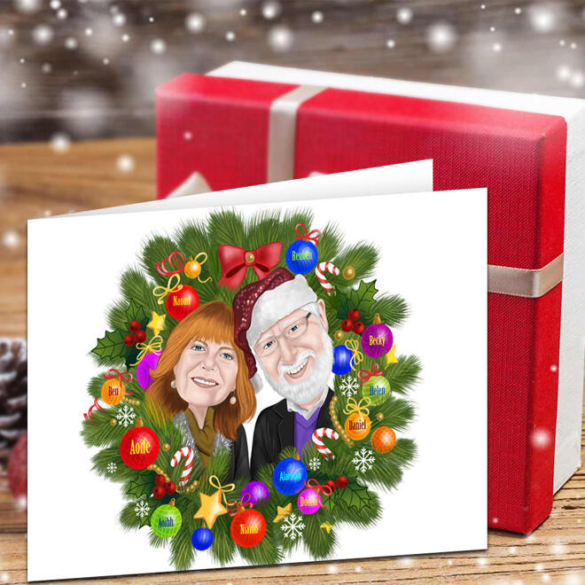 Paar im Kranz Farbiges Karikaturen-Set mit 10 Weihnachtsgrußkarten