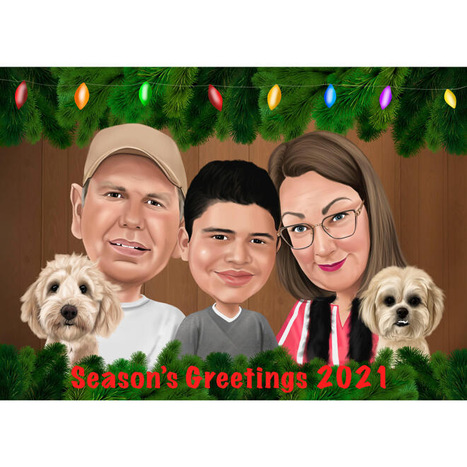 Familj med husdjur färgad karikatyrgåva från foton för julhälsningskort