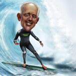 Caricatura de surf en olas